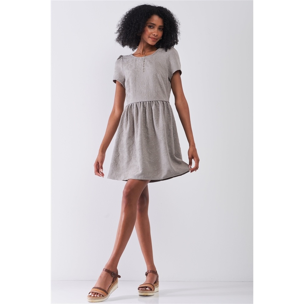 Silver Grey Floral Embroidery Round Neck Short Sleeve Mini Dress - Picture 2 of 6